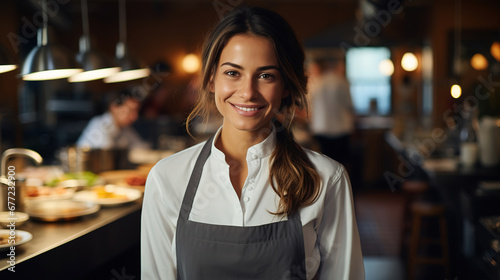 gourmet cuisine expert standing in restaurant professional kitchen with arms crossed while smiling, with blurred restaurant, location in the back, empty copy space