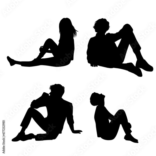 Vector silhouettes of  men and a women, a group of sitting   business people, profile, black  color isolated on white background