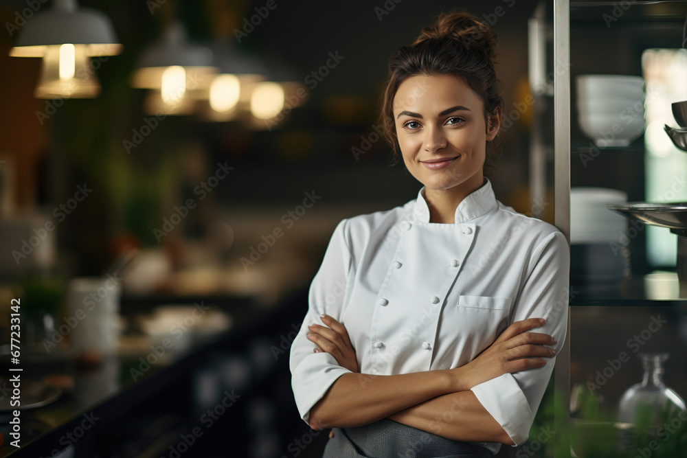 gourmet cuisine expert standing in restaurant professional kitchen with arms crossed while smiling, with blurred restaurant, location in the back, empty copy space gourmet cuisine expert standing in restaurant professional kitchen with arms crossed while smiling, with blurred restaurant, location in the back, empty copy space