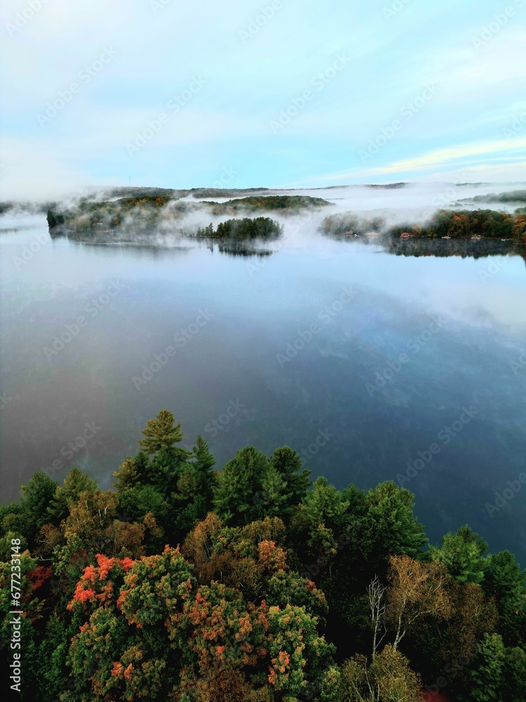 Vertical shot of a lake in a forest covered in the fog in Muskoka, Ontario, Canada