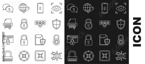 Set line Eye scan, Safe combination lock wheel, Shield, Smartphone with, Lock, Paper shredder confidential, Protection of personal data and Password protection and safety access icon. Vector