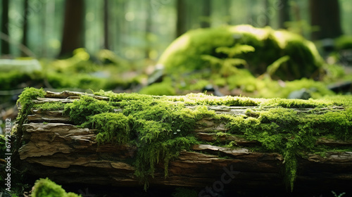 Enchanting Forest Landscape: Vibrant Moss-Covered Wood Amidst Wildlife Wonders, Vibrant Green Moss-Covered Wood for Product Display and Mockup