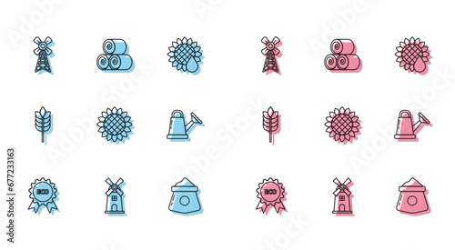 Set line Banner, label, tag, logo for eco, Windmill, Bag of flour, Sunflower, Watering can, Cereals with rice, wheat, corn, oats, rye and Roll hay icon. Vector