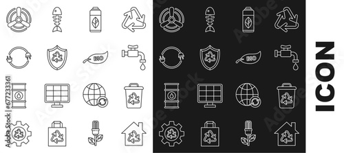Set line Eco House with recycling symbol, Recycle bin recycle, Water tap, Recycling plastic bottle, inside shield, Electric plug, Wind turbine and Leaf Bio icon. Vector