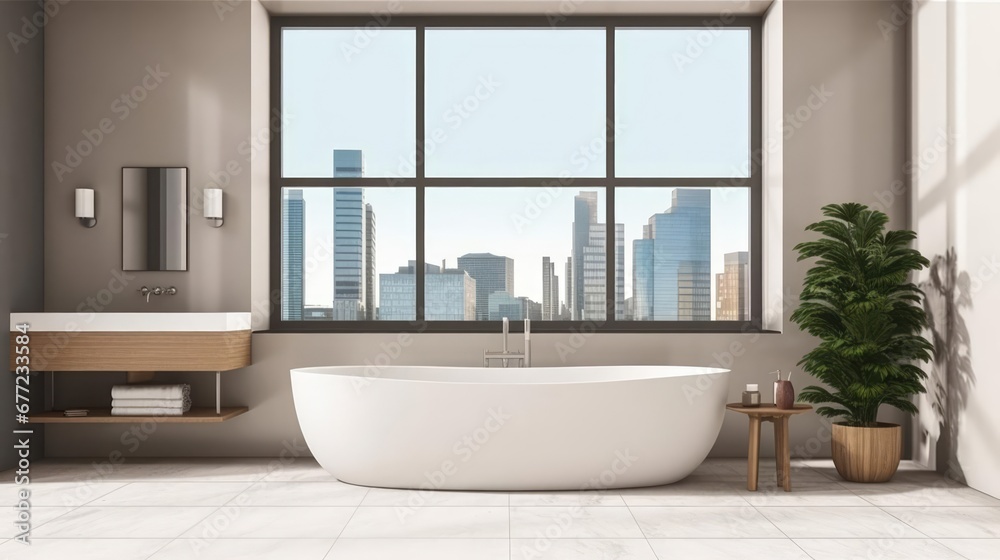 Modern hotel studio interior with tub washbasin and window Empty wall Modern hotel studio interior with tub washbasin and window Empty wall