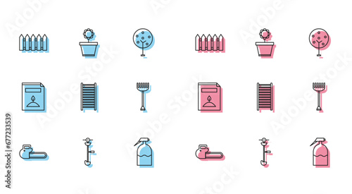 Set line Chainsaw, Grass and weed electric string trimmer, Garden fence wooden, sprayer, Wooden staircase, rake, A pack full of seeds of specific plant and Flower pot icon. Vector