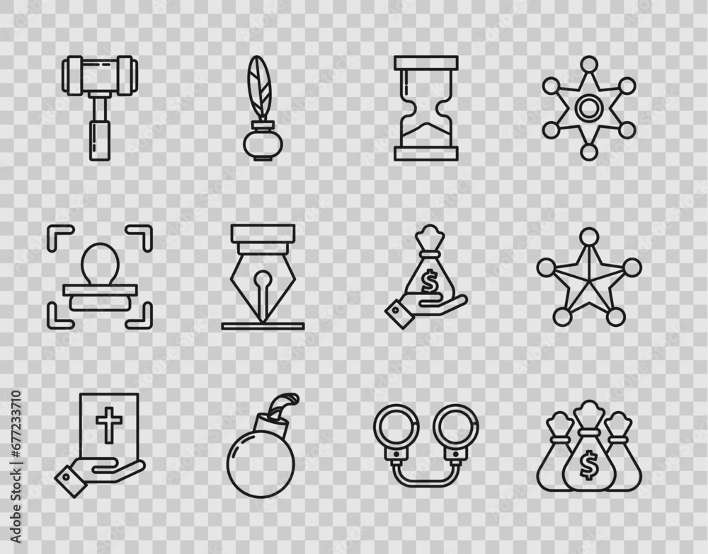 Set line Oath on the Holy Bible, Money bag, Old hourglass, Bomb ready to explode, Judge gavel, Fountain pen nib, Handcuffs and Hexagram sheriff icon. Vector Set line Oath on the Holy Bible, Money bag, Old hourglass, Bomb ready to explode, Judge gavel, Fountain pen nib, Handcuffs and Hexagram sheriff icon. Vector