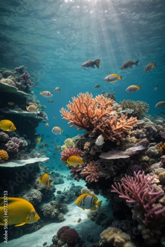 Amazing underwater world with coral reefs, color fish in the sea.