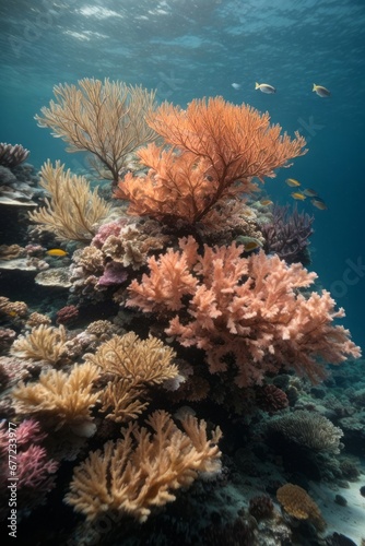 Beautiful underwater world with coral reefs, algae and fish. Ecosystem, ocean, nature concepts
