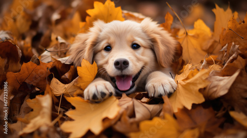 Puppy hiding in a pile of leaves