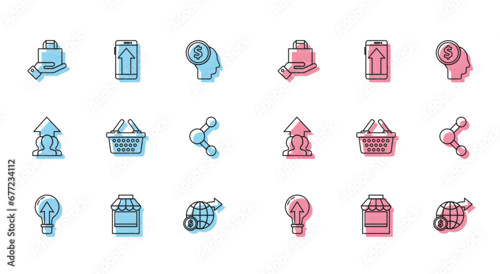 Set line Light bulb, Hand and paper shopping bag, Earth globe with dollar, basket, Share, Growth chart progress people crowd and Smartphone, mobile phone icon. Vector Set line Light bulb, Hand and paper shopping bag, Earth globe with dollar, basket, Share, Growth chart progress people crowd and Smartphone, mobile phone icon. Vector