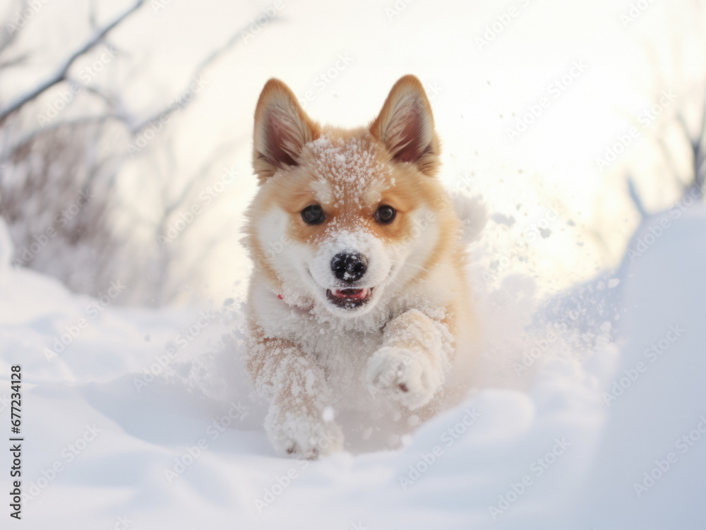 Puppy running in the snow