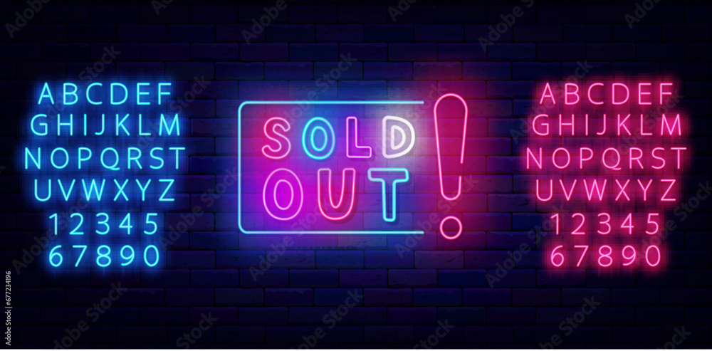 Sold out neon label. Party signboard. Performance emblem. Event label. Shiny text. Vector stock illustration