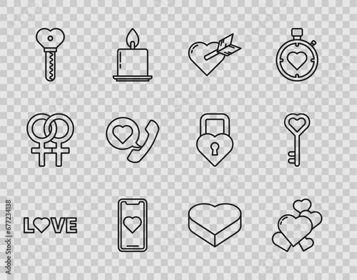 Set line Love text, Heart, Amour with heart and arrow, Mobile phone, Key in shape, Telephone speech bubble, Candy shaped box and icon. Vector