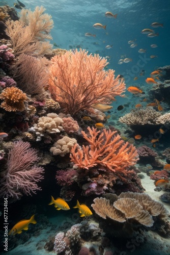 Colorful underwater world with plants, algae, coral reefs