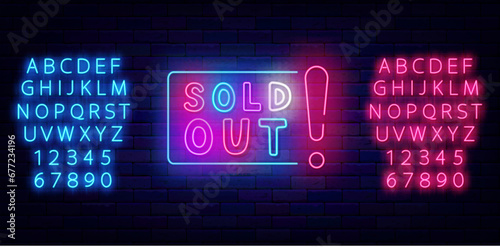 Sold out neon label. Party signboard. Performance emblem. Event label. Shiny text. Vector stock illustration