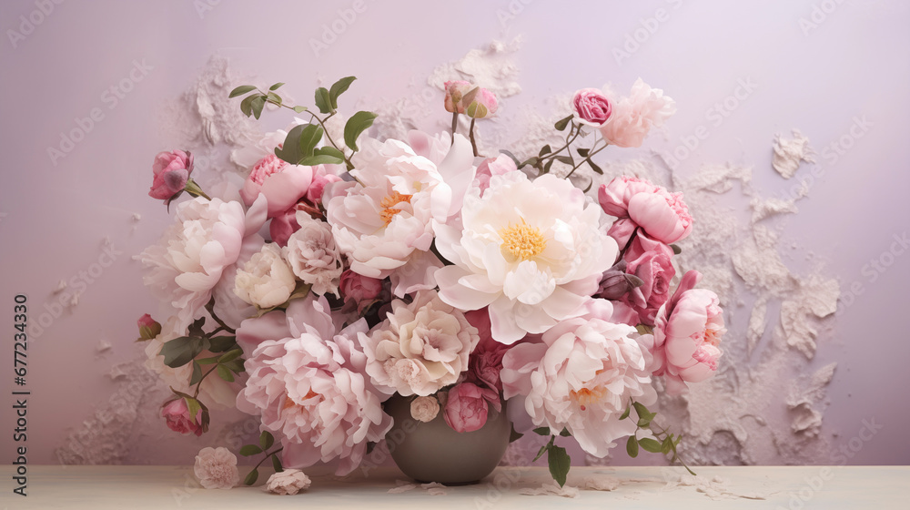 Beautiful bouquet of peonies and different flowers in a beautiful vase. Flower petals. Floral wallpaper. Pattern from natural flowers. Floral card design with vintage effect. Generated AI Beautiful bouquet of peonies and different flowers in a beautiful vase. Flower petals. Floral wallpaper. Pattern from natural flowers. Floral card design with vintage effect. Generated AI