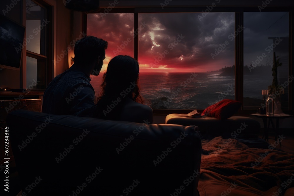 Naklejka premium Cozy Movie Night: Young Couple Enjoying a Relaxing Evening Watching TV Together in Their Modern Living Room