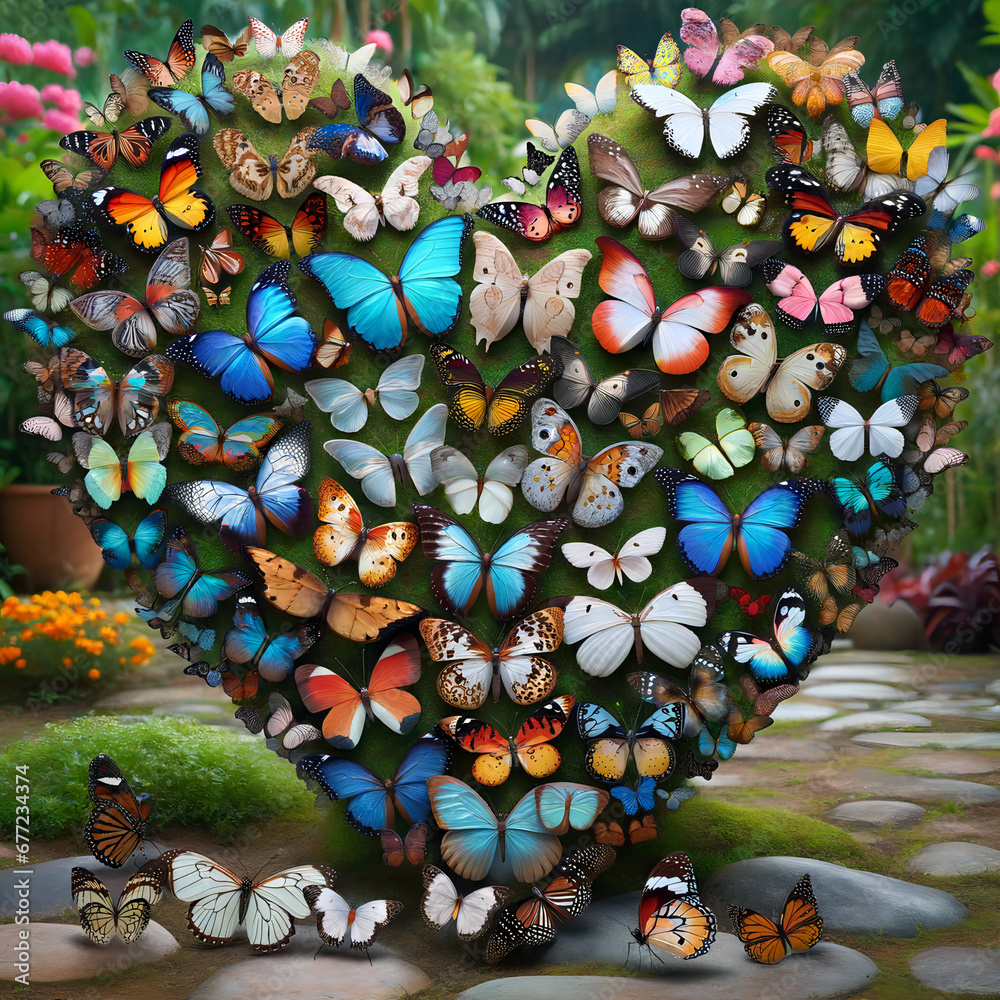 A photo-realistic image of butterflies arranged in a heart shape