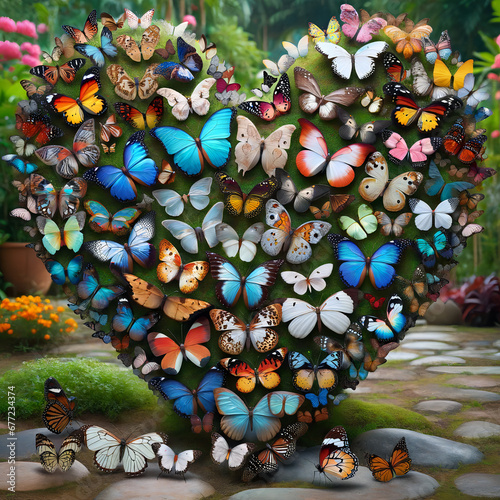 A photo-realistic image of butterflies arranged in a heart shape