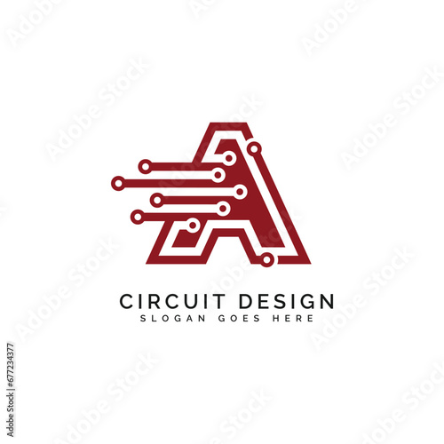 Letter A logo, Circuit shape symbol, Technology and digital abstract dot connection. Alphabet A tech logotype, design, internet, systems, Artificial Intelligence and computers