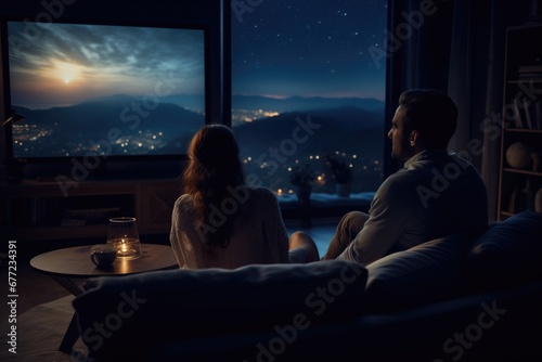 Cozy Movie Night: Young Couple Enjoying a Relaxing Evening Watching TV Together in Their Modern Living Room