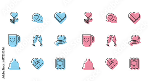 Set line Condom, Candy in heart shaped box, Heart flower, package, Glass of champagne, hand, Coffee cup and speech bubble icon. Vector