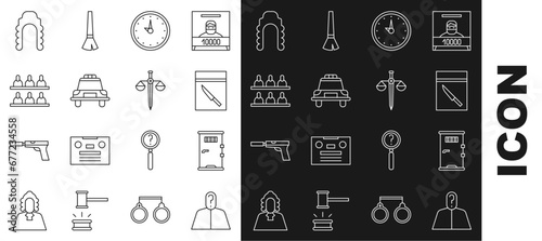 Set line Anonymous with question mark, Prison cell door, Evidence bag and knife, Clock, Police car flasher, Jurors, Judge wig and Scales of justice icon. Vector photo