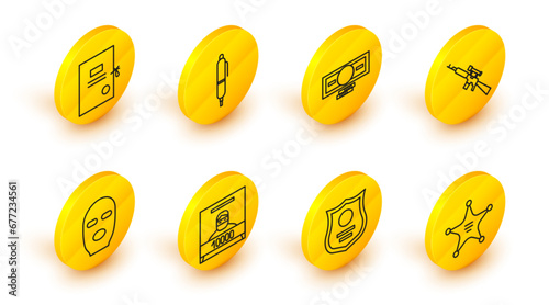 Set line Hexagram sheriff, Police badge, Wanted poster, Thief mask, Sniper rifle with scope, Stacks paper money cash, Pen and Lawsuit icon. Vector