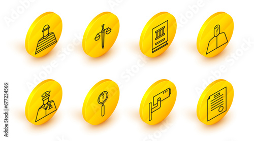Set line The arrest warrant, Security camera, Magnifying glass with search, Police officer, Anonymous question mark, Law book, Scales justice and Prisoner icon. Vector