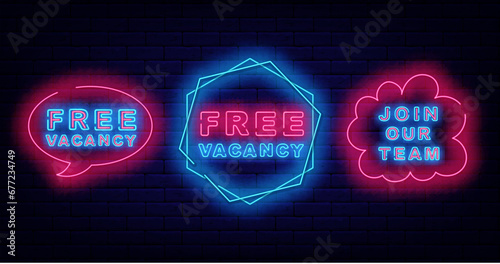 Free vacancy neon signs collection. Join our team. Job searching design. Recruitment banner. Vector stock illustration