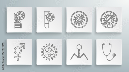 Set line Gender, Test tube with virus, Virus, Bacteria bacteriophage, Stethoscope, Stop, and DNA symbol and icon. Vector