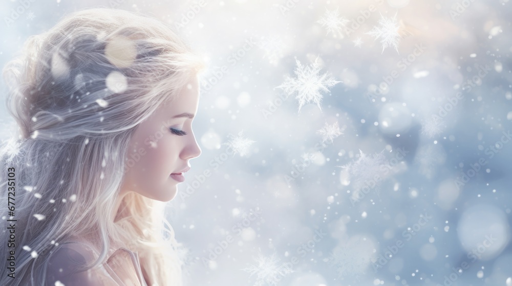 Close-up profile of woman with braided hair surrounded by delicate snowflakes. Ethereal winter scenes.