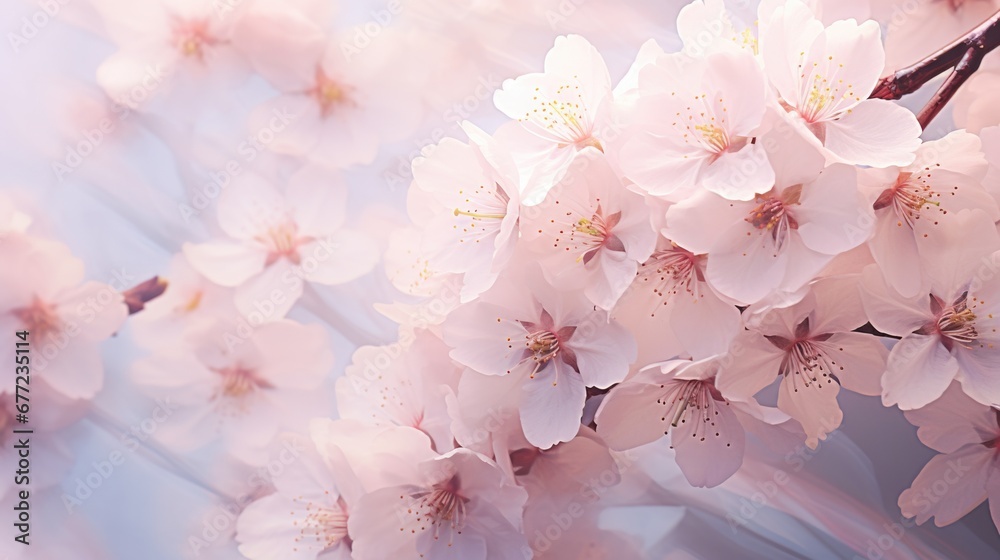 Close-up of cherry blossoms in full bloom with soft pink tones. Floral beauty.