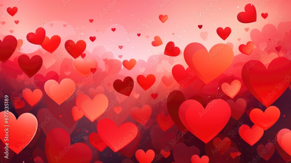 Vibrant heart shapes floating on dreamy red background for romantic designs.