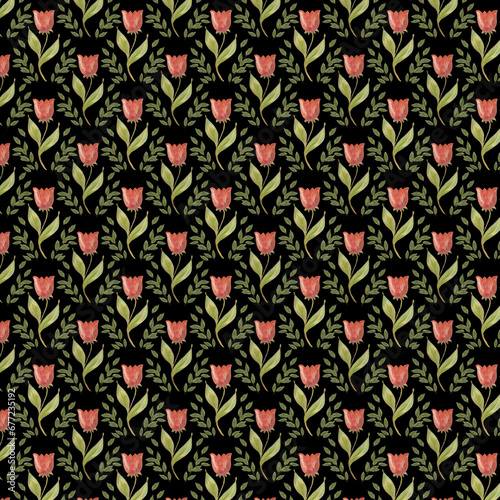 Seamless floral pattern red, pink tulips on a black background. Elements of flowers framed by green leaves on a black background; for printing on fabric, wrappers, wallpaper, cards, paper,