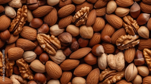 Many nuts nut seamless pattern. Food repeated background.