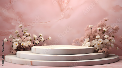 Pink marble podium product booth scene, e-commerce, podium, stage, product demonstration background, PPT background, 3D rendering