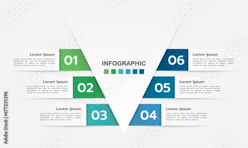 6 Steps to Success. Infographic V Shape design template. Business presentation, marketing, strategy, and planning. Vector illustration.