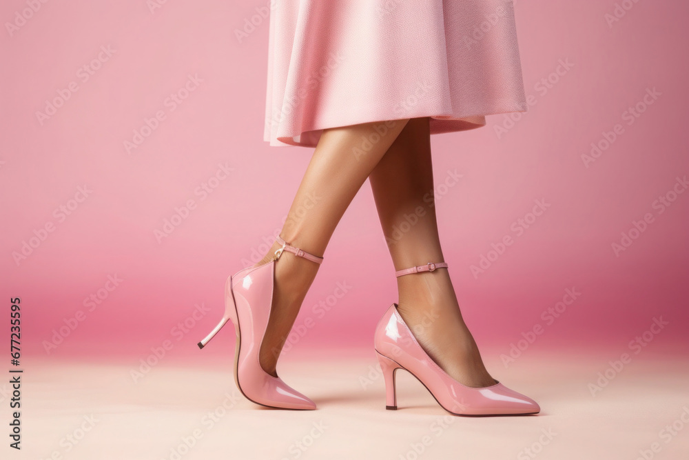 Female legs wearing shoes with high heels on pink background. Fashion woman concept Female legs wearing shoes with high heels on pink background. Fashion woman concept