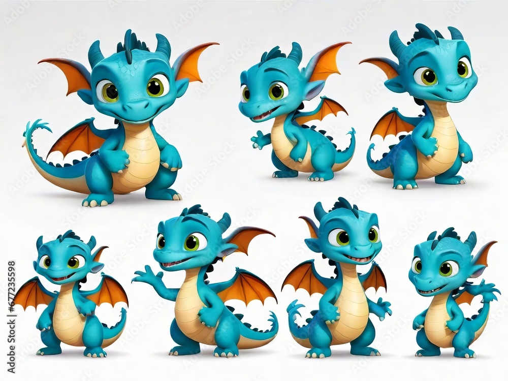 Dragon with different expressions and poses on white background