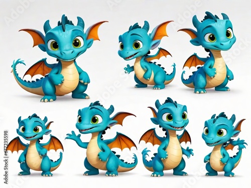 Dragon with different expressions and poses on white background © Aleksandr