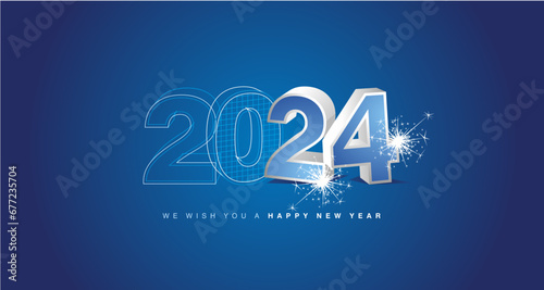 We wish you a happy new year 2024 eve. Architecture construction from line drawing to 3d model numbers of 2024 with sparkle firework on blue background