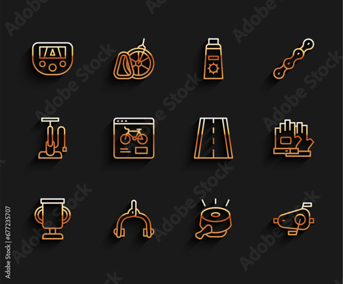 Set line Award cup with bicycle, Bicycle brake calipers, Gps device map, bell, pedals, rental mobile app, Gloves and lane icon. Vector