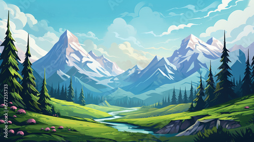 Mountains river landscape illustration in cartoon style. Scenery background. photo