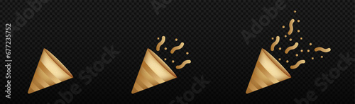 Festive party golden cracker with flying confetti. Colorful carnival attribute with fun party and happy anniversary vector celebration