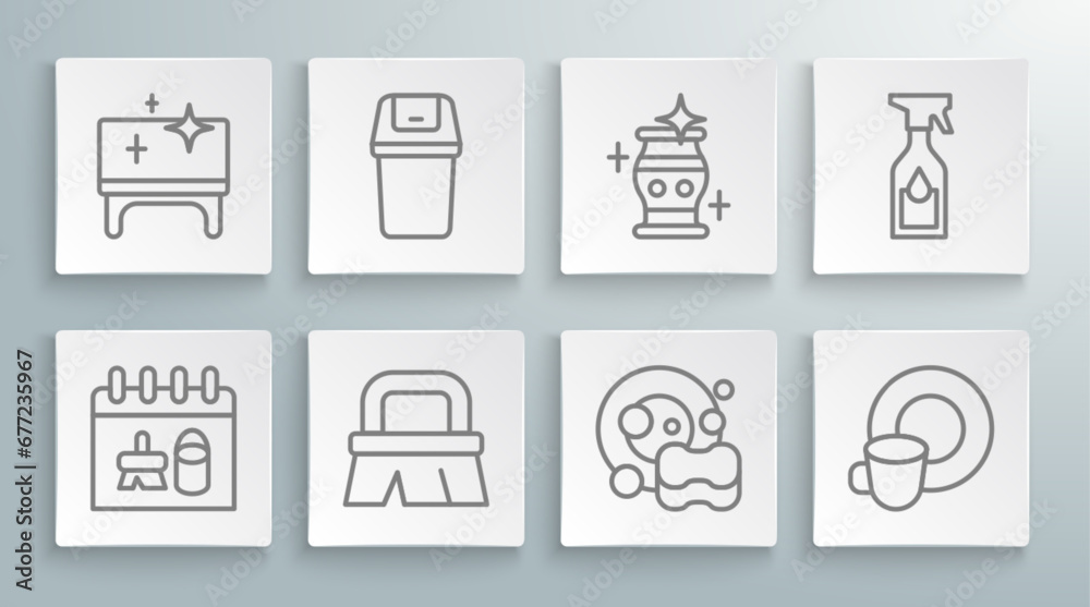 Set line Cleaning calendar, Trash can, Brush for cleaning, Washing dishes, vase, spray bottle and table icon. Vector