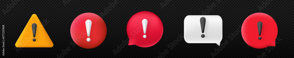 Exclamation point 3d icons set . Warning road sign and danger alert vector attention badge. - obrazy, fototapety, plakaty 