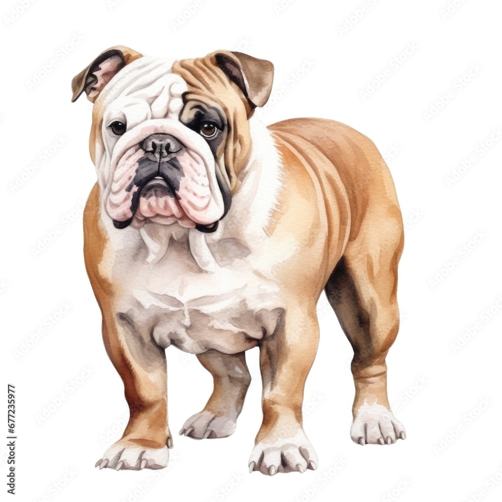 Bulldog dog breed watercolor illustration. Cute pet drawing isolated on white background. Bulldog dog breed watercolor illustration. Cute pet drawing isolated on white background.