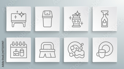 Set line Cleaning calendar, Trash can, Brush for cleaning, Washing dishes, vase, spray bottle and table icon. Vector